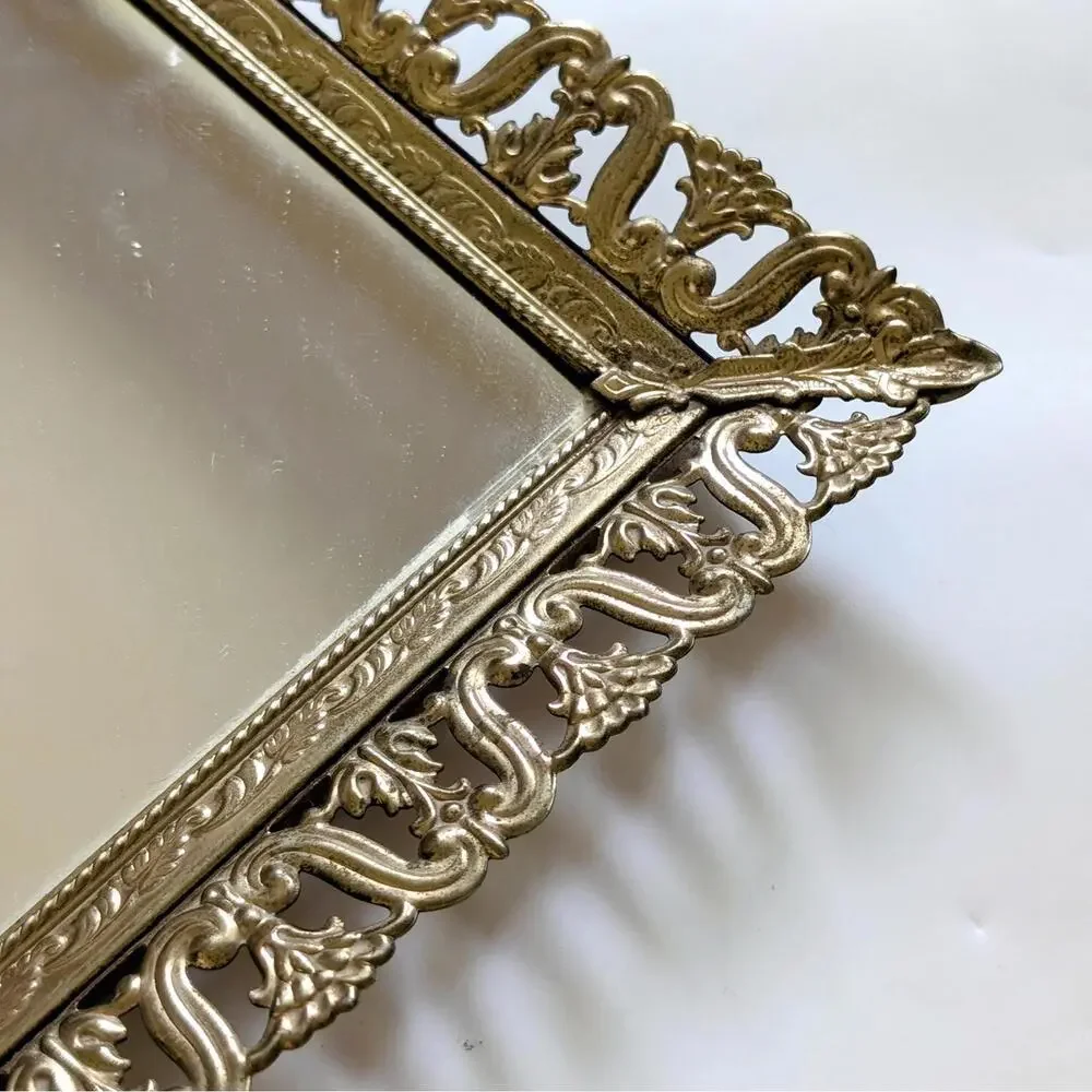 Vintage Mirrored Vanity Tray with Filigree Detail - Hollywood Regency O